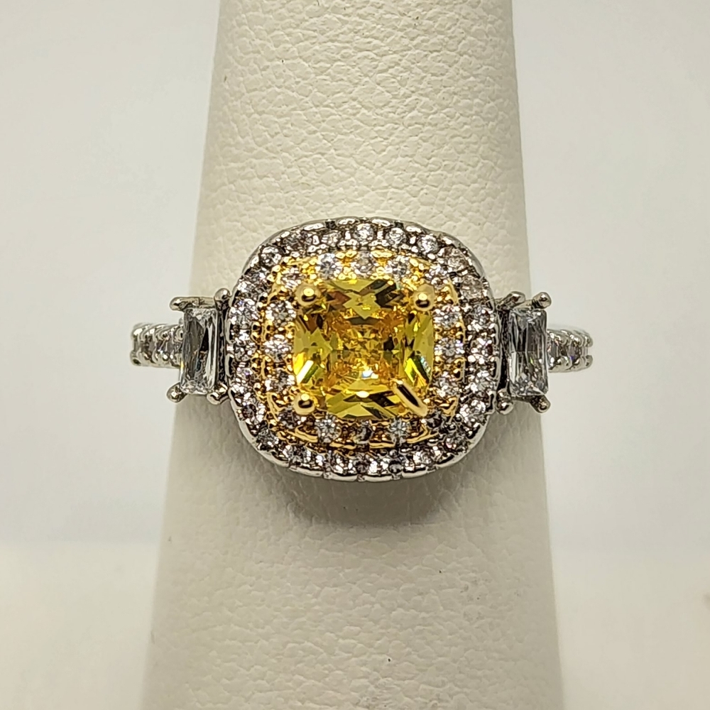 Silvertone Yellow And Clear CZ Cubic Zirconia Double Halo Ring Size 6 BR…
